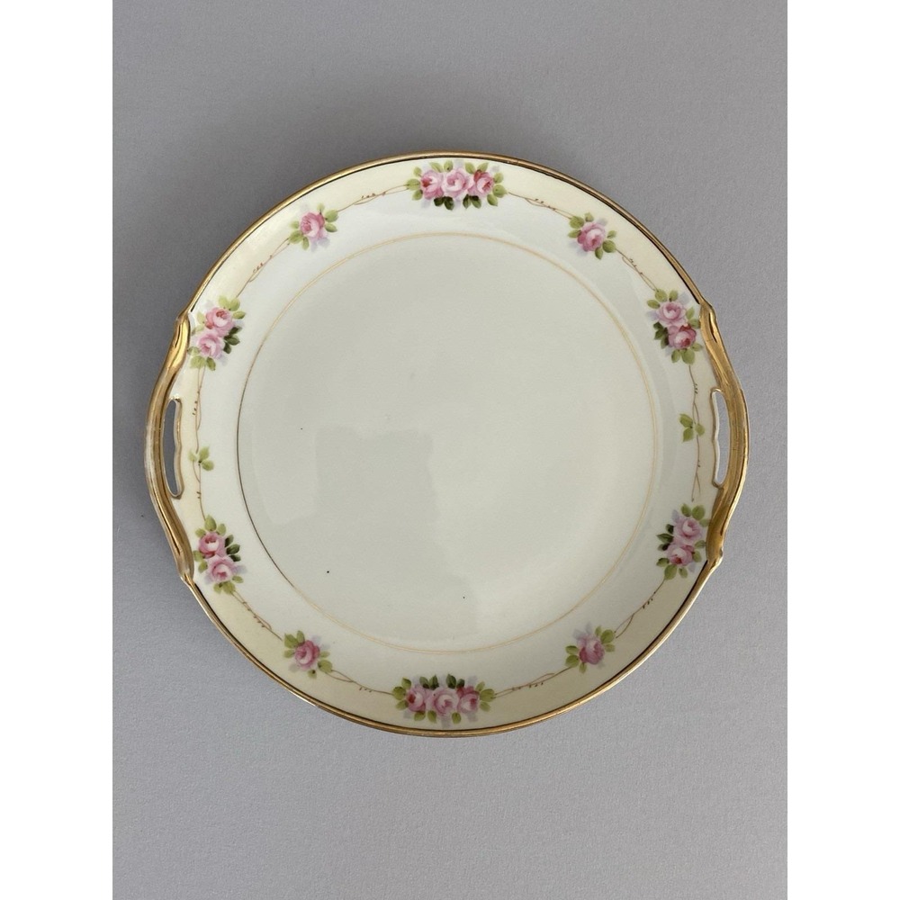 Cake Plate Hand Painted Nippon Pink Flowers Gold Trim Edges